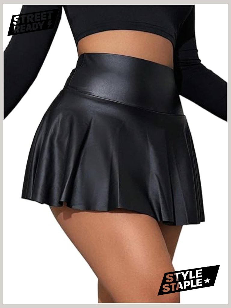 High Waist Pu Leather Elastic Skort Ruffle Hem Flared Mini Skirt Shorts